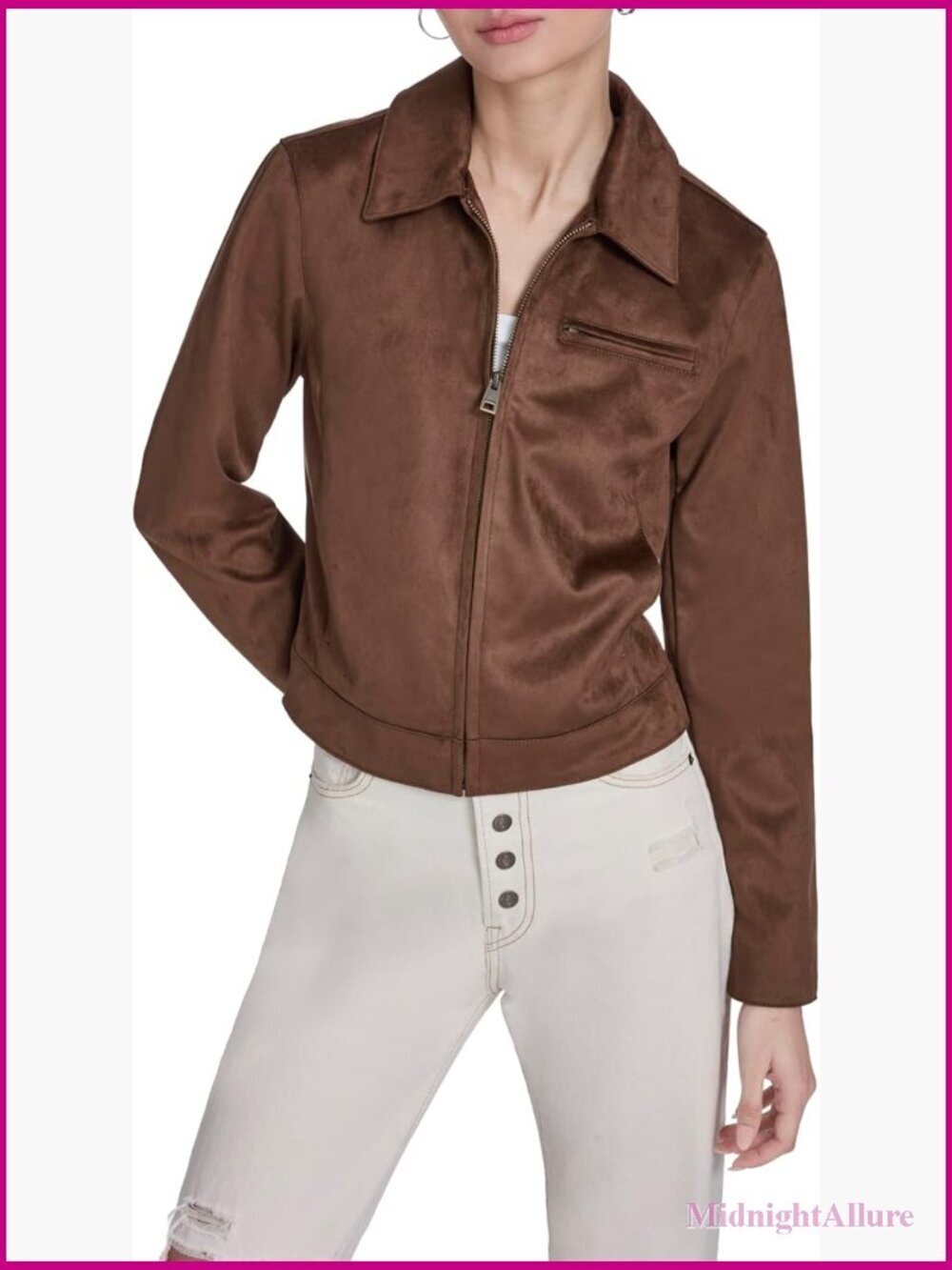Faux Suede Laydown Collar Jacket with Zip Pocket